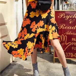Topshop Asymmetrical Skirt in Black and Orange Floral